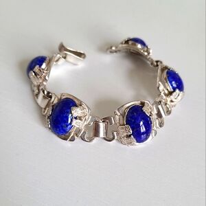 Vintage Sterling Silver Chunky Blue Lapis Lazuli Oval Cabochon Owl Link Bracelet